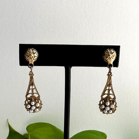Vintage Gold Tone Filigree Dangle Earrings With Faux Seed Pearls For Pierced Ear - Picture 10 of 10
